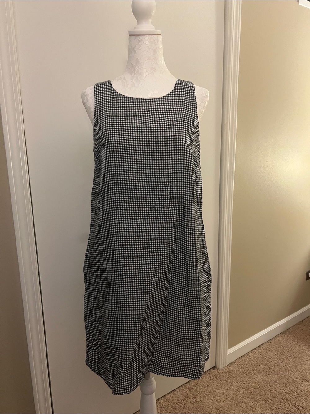 Quince Black and White Linen Gingham Sleeveless Shift Dress NEVER WORN